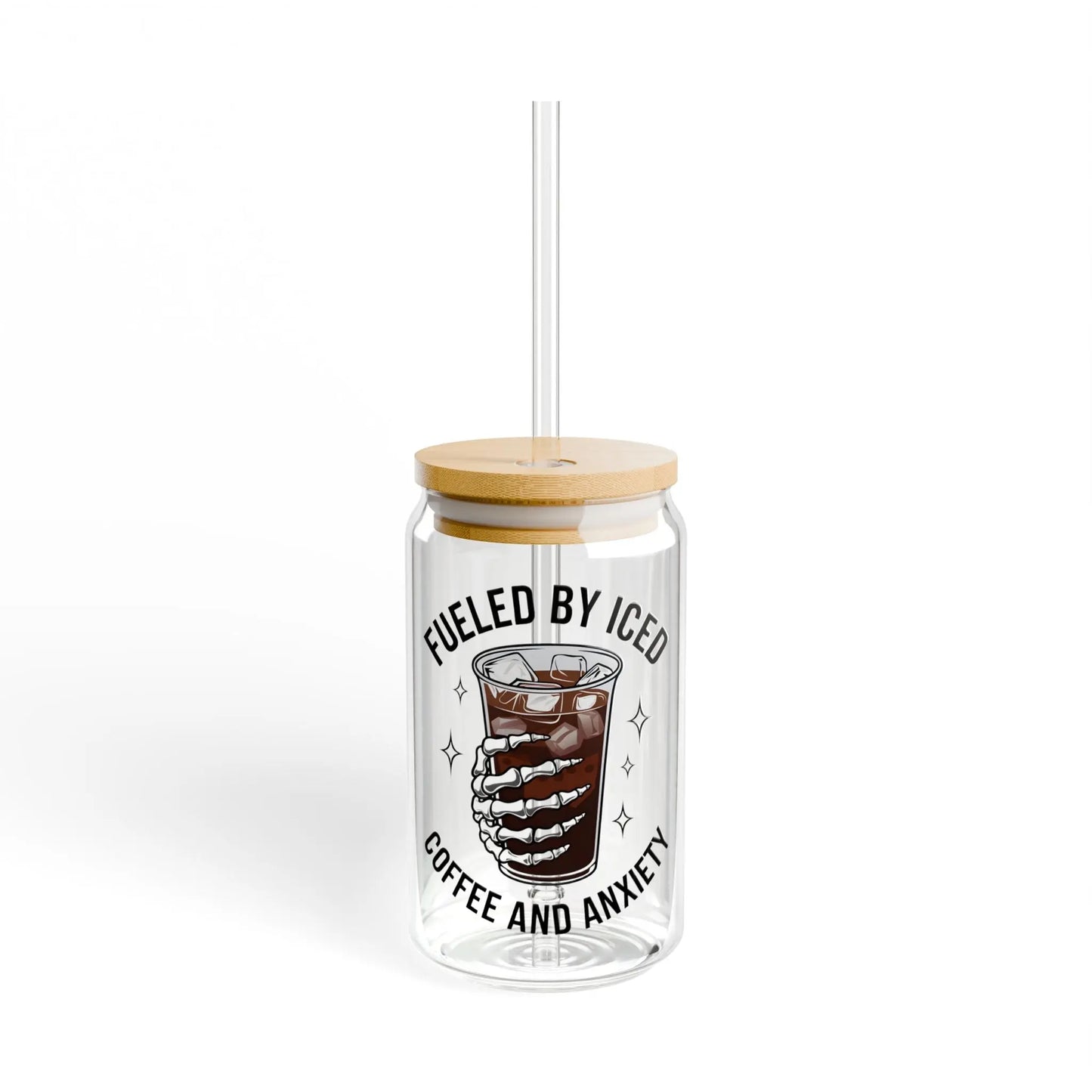 Fueled by Iced Coffee & Anxiety – 16oz Sipper Glass Printify