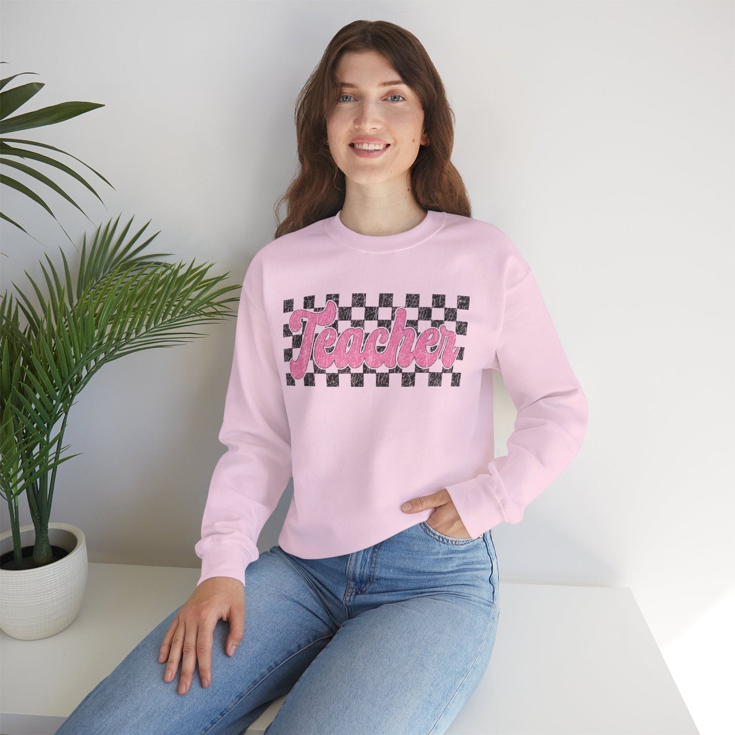 Retro Checkered Teacher Crewneck Printify