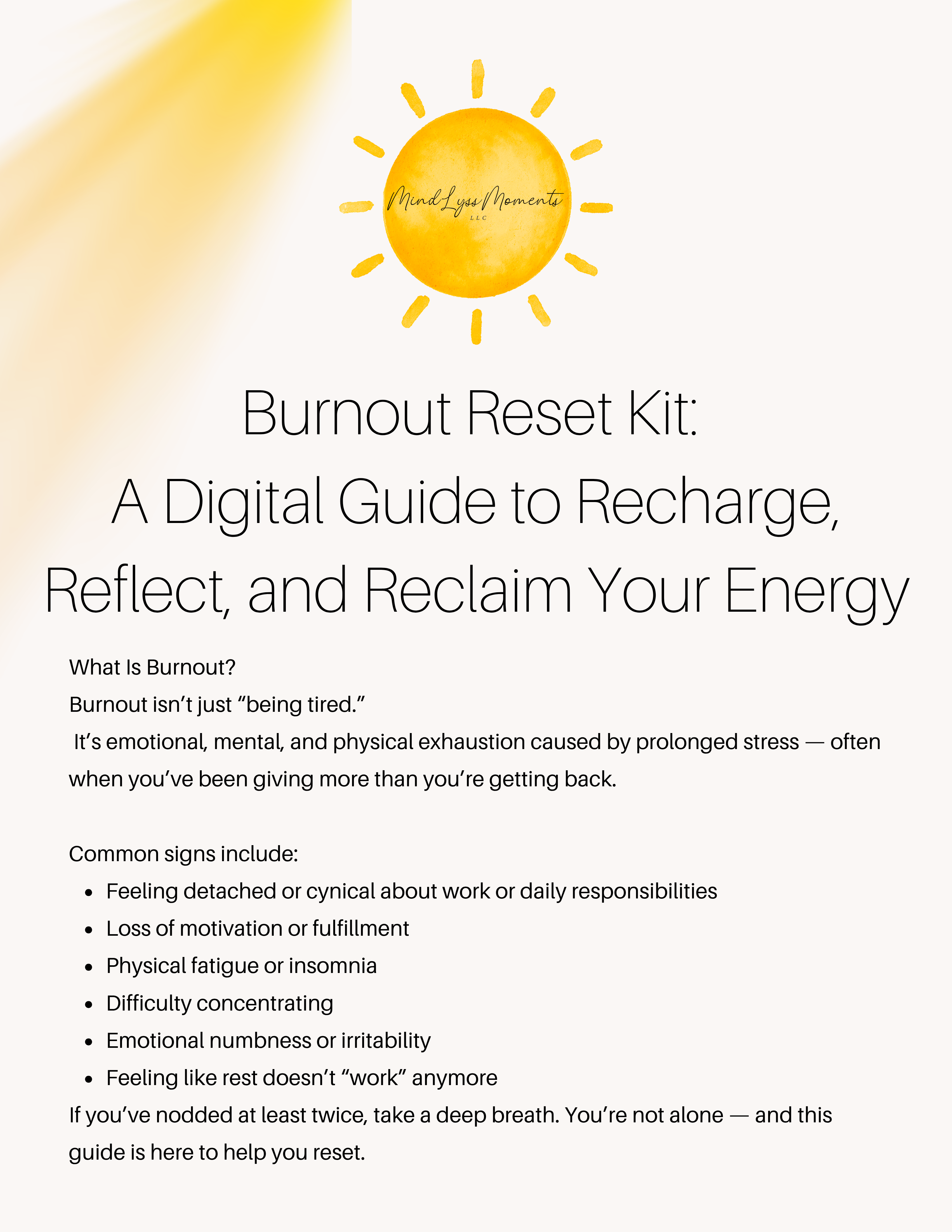 Burnout Reset Kit:  A Digital Guide to Recharge, Reflect, and Reclaim Your Energy MindLyssMoments LLC