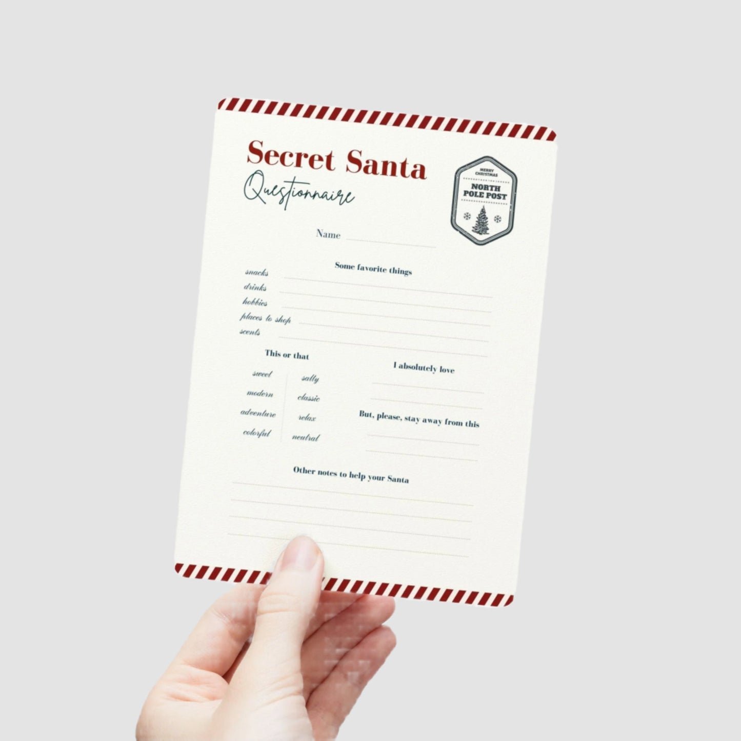 Secret Santa Questionnaire Postcards