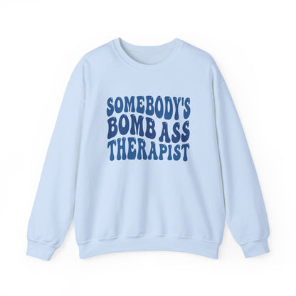 Somebody’s Bomb Ass Therapist (Blue) Crewneck Printify