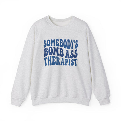 Somebody’s Bomb Ass Therapist (Blue) Crewneck Printify