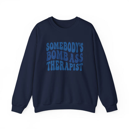 Somebody’s Bomb Ass Therapist (Blue) Crewneck Printify